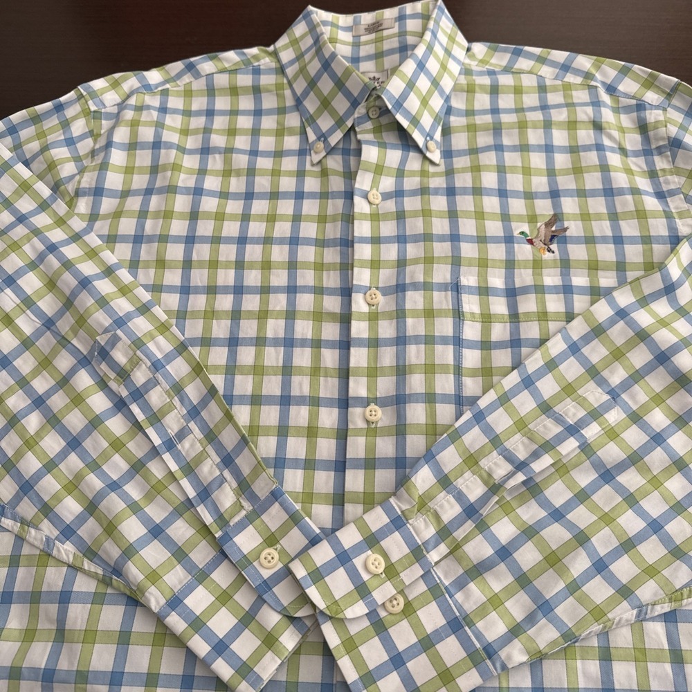 Peter Millar Green Plaid Button Down Shirt Embroidered Duck Men's Size L